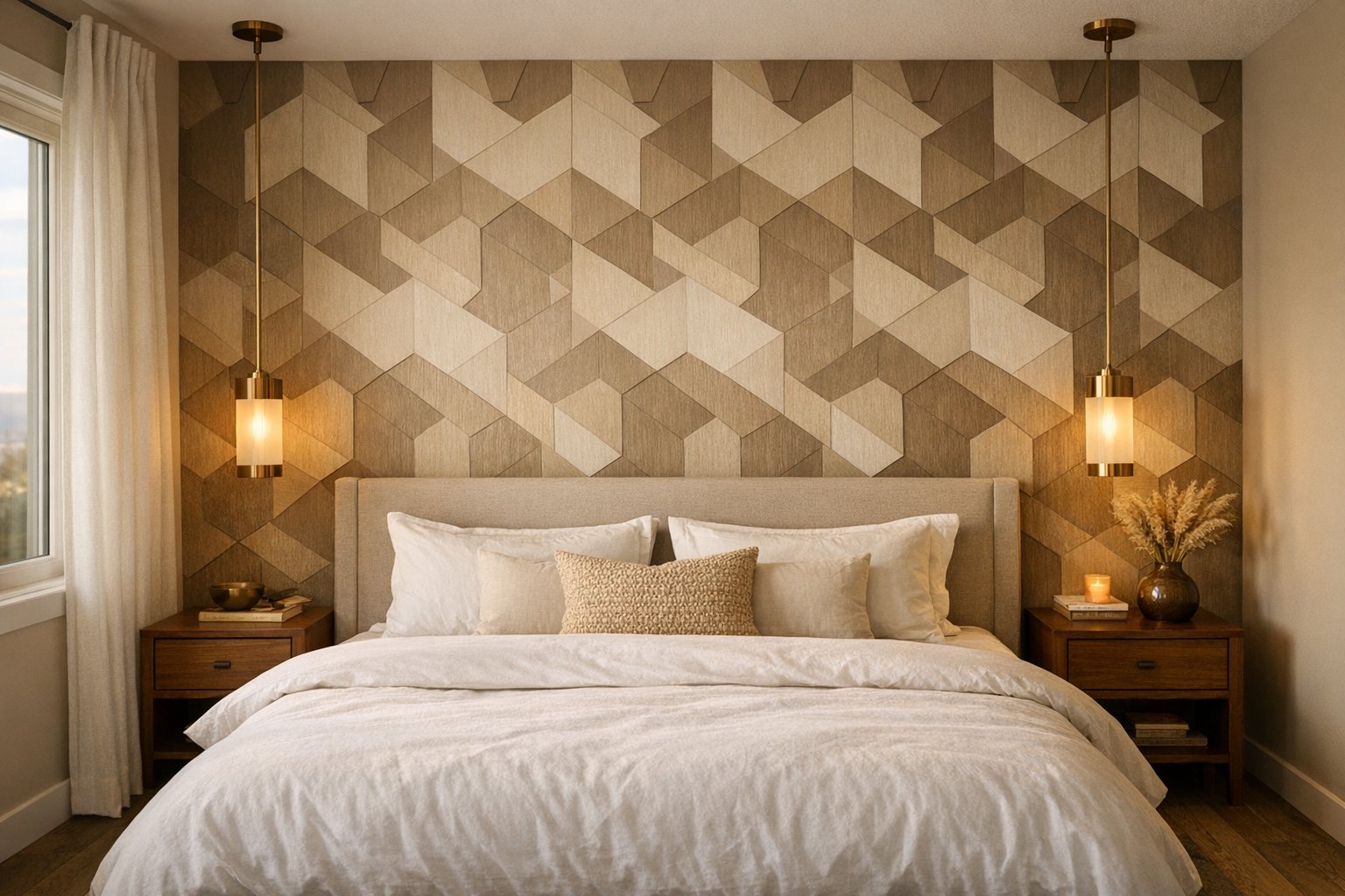 Geometric feature-wall wallpaper installed in a Calgary-area home