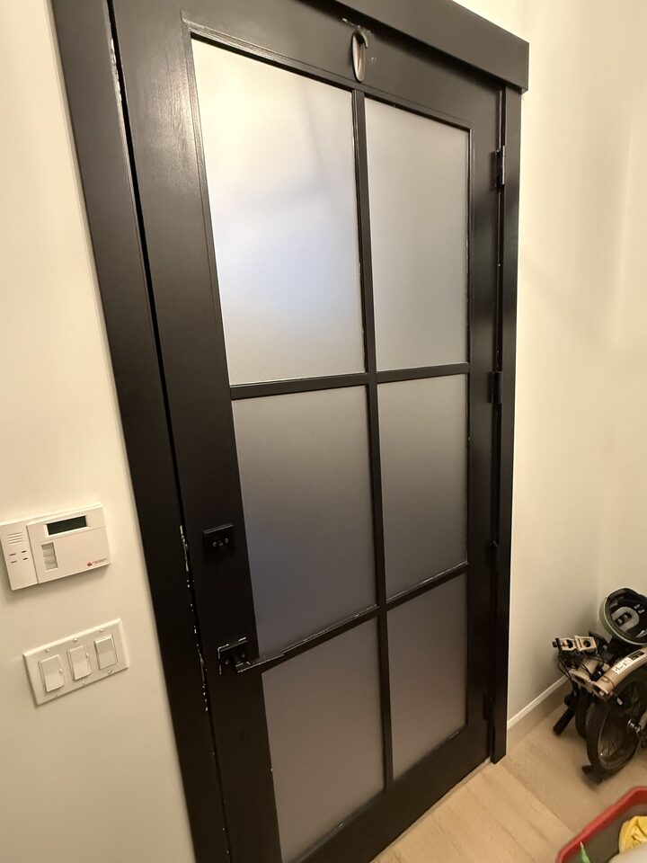 Inside view of the Altadore front door after Metamark Dusted Crystal frosted film, all six panels evenly frosted in daylight