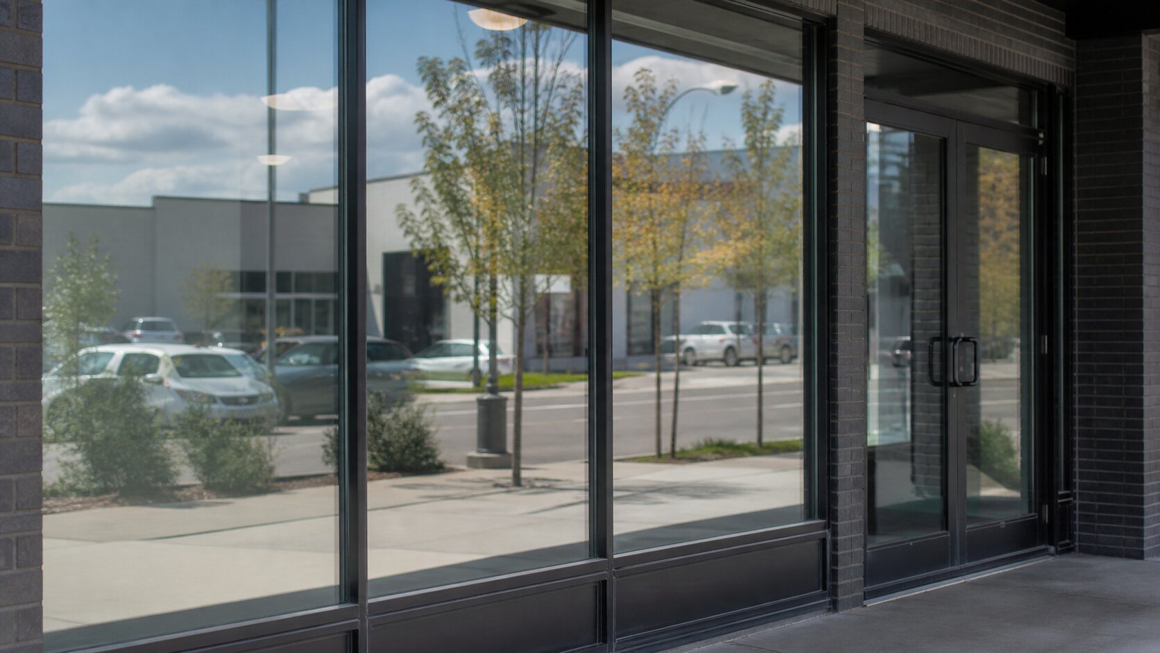 Before-and-after simulation showing anti-graffiti glass protection with this window film. Illustrative rendering, not a real job photo.