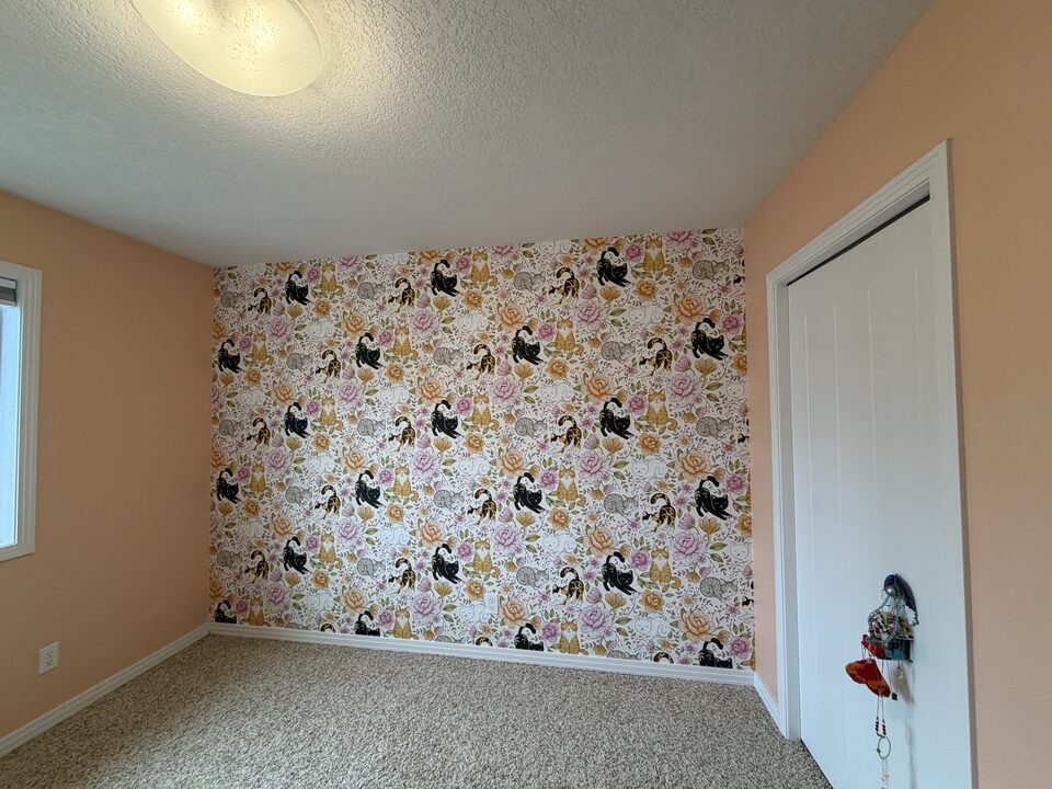 Vintage Cat & Botanical Feature Wall – Bedroom, Auburn Bay SE Calgary