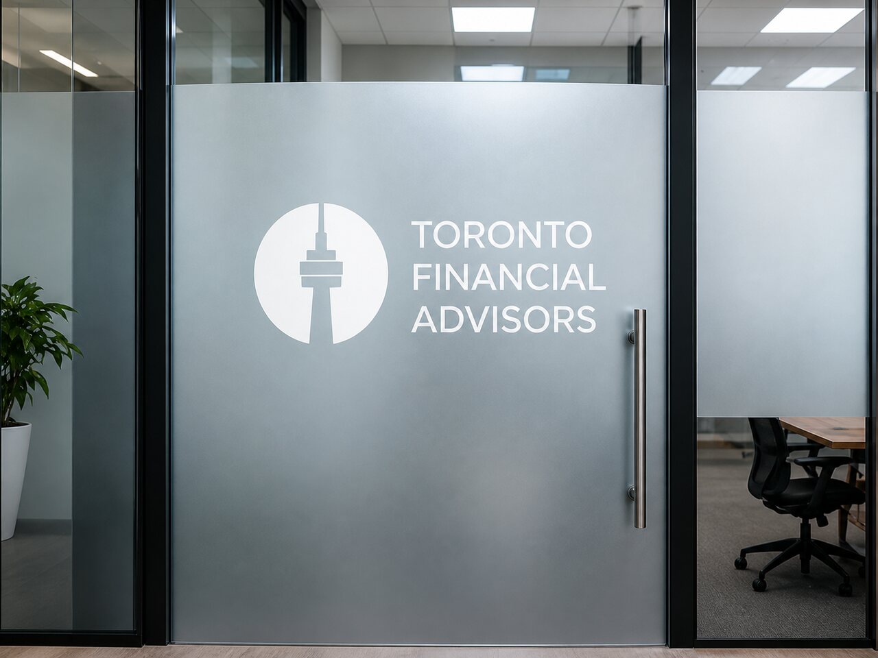 Example: frosted film with a printed office logo on an interior glass door