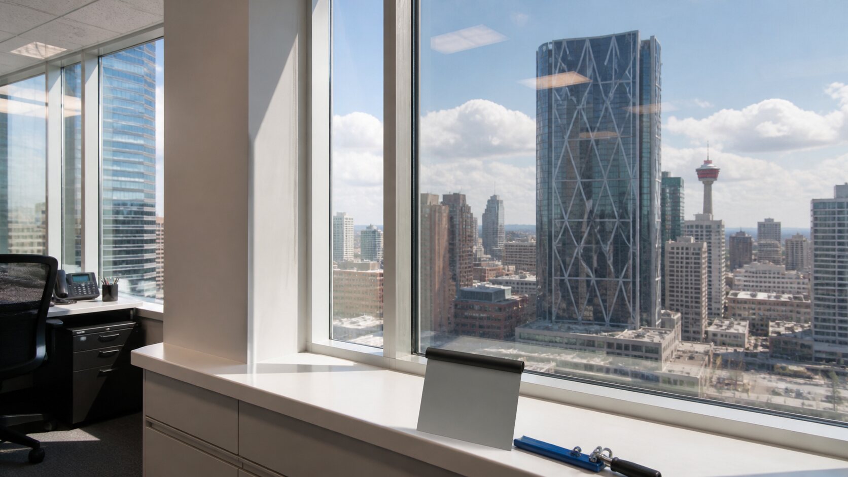 Office tower glass with commercial solar-control film