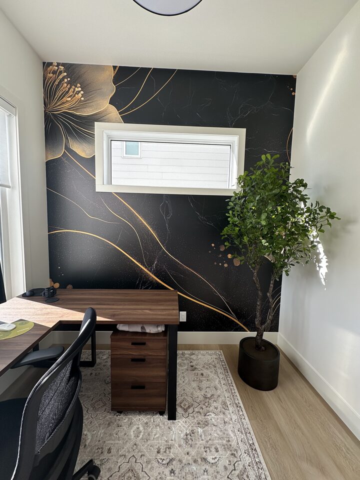 WonderMural Floral Elegance black and gold mural wallpaper around the window of a Crestmont, Calgary home office