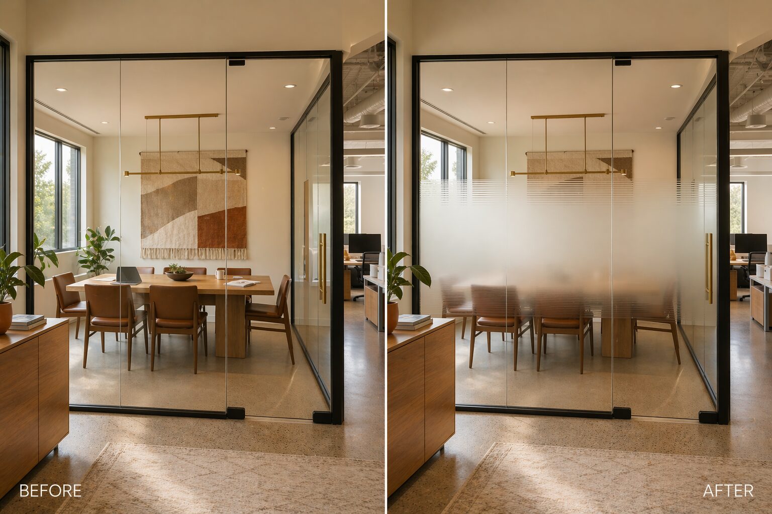 Before-and-after simulation showing architectural privacy + daylight with this window film. Illustrative rendering, not a real job photo.