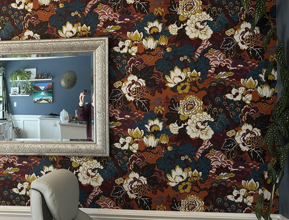 Before photo of old floral wallpaper in a Deer Run SE Calgary dining room before removal