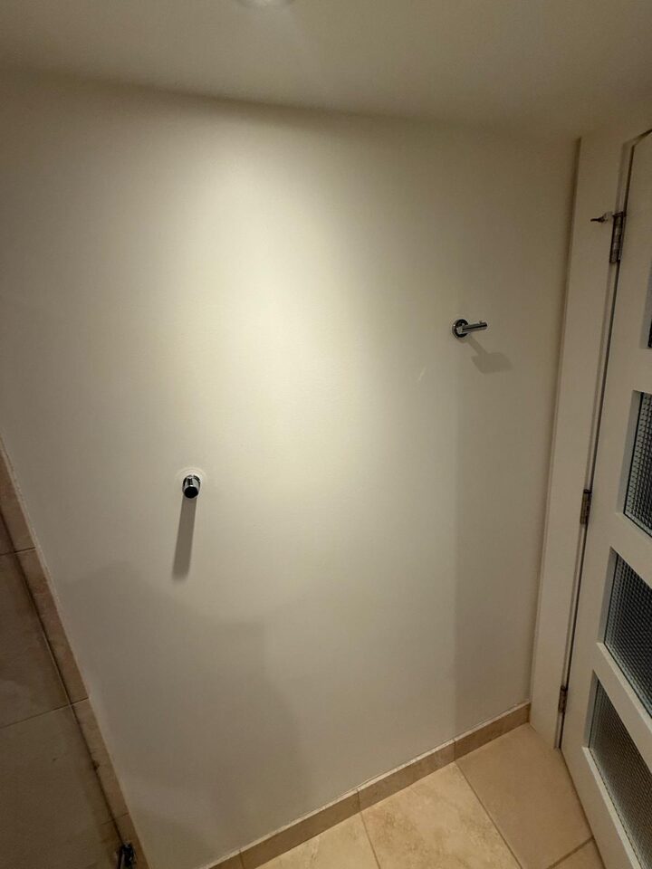 Eau Claire, Calgary condo bathroom wall beside the door before the mural, painted cream with a towel hook