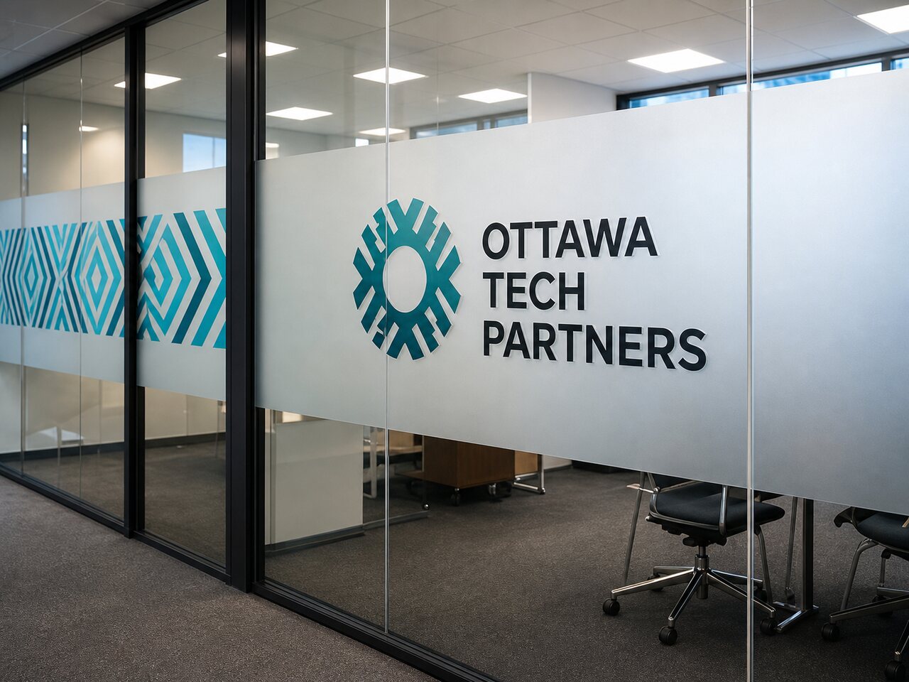 Example: frosted privacy band with a patterned logo on a boardroom glass wall