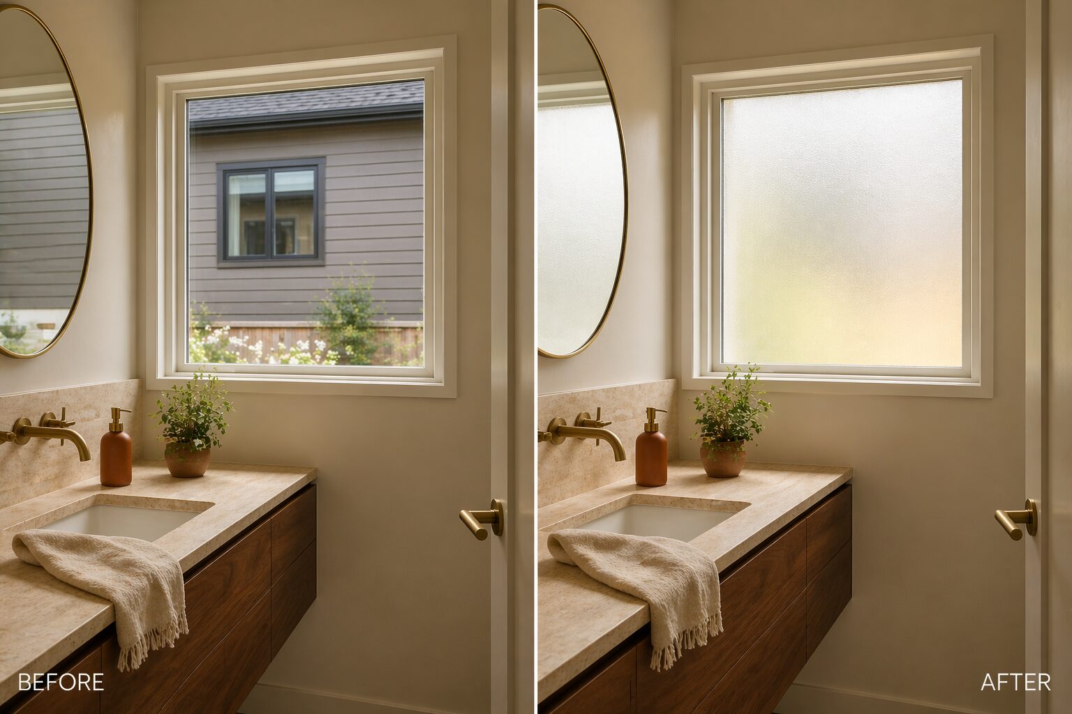Before-and-after simulation showing daytime privacy with this window film. Illustrative rendering, not a real job photo.