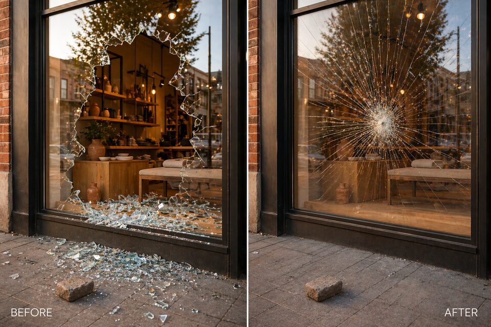 Before-and-after simulation showing glass containment under impact with this window film. Illustrative rendering, not a real job photo.