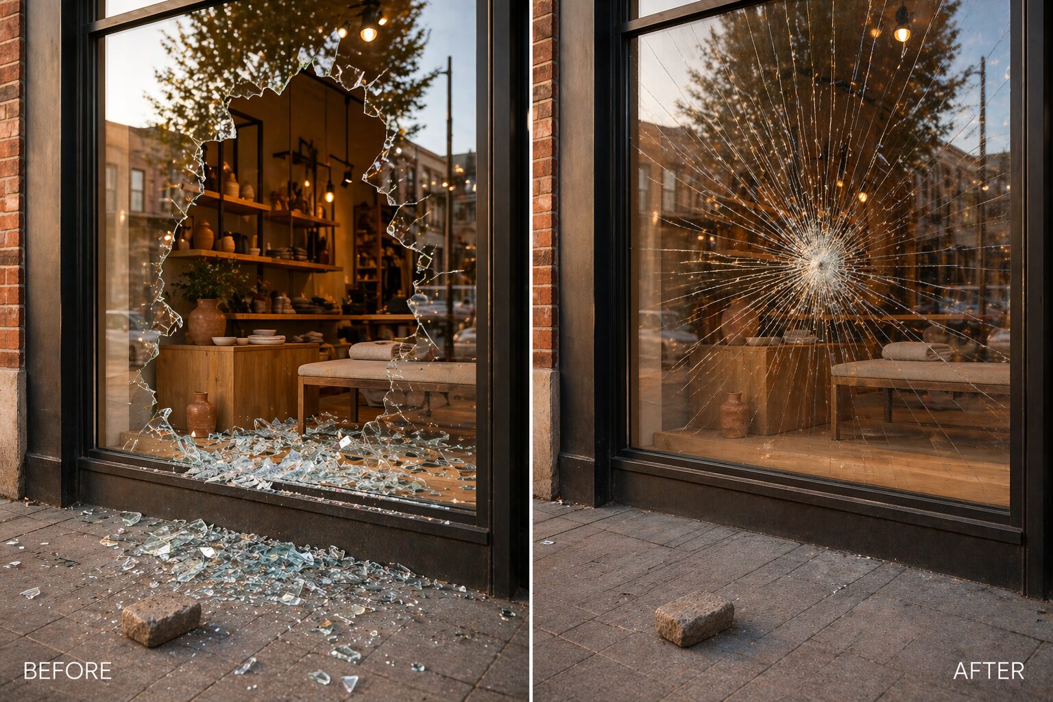 Before-and-after simulation showing glass containment under impact with this window film. Illustrative rendering, not a real job photo.