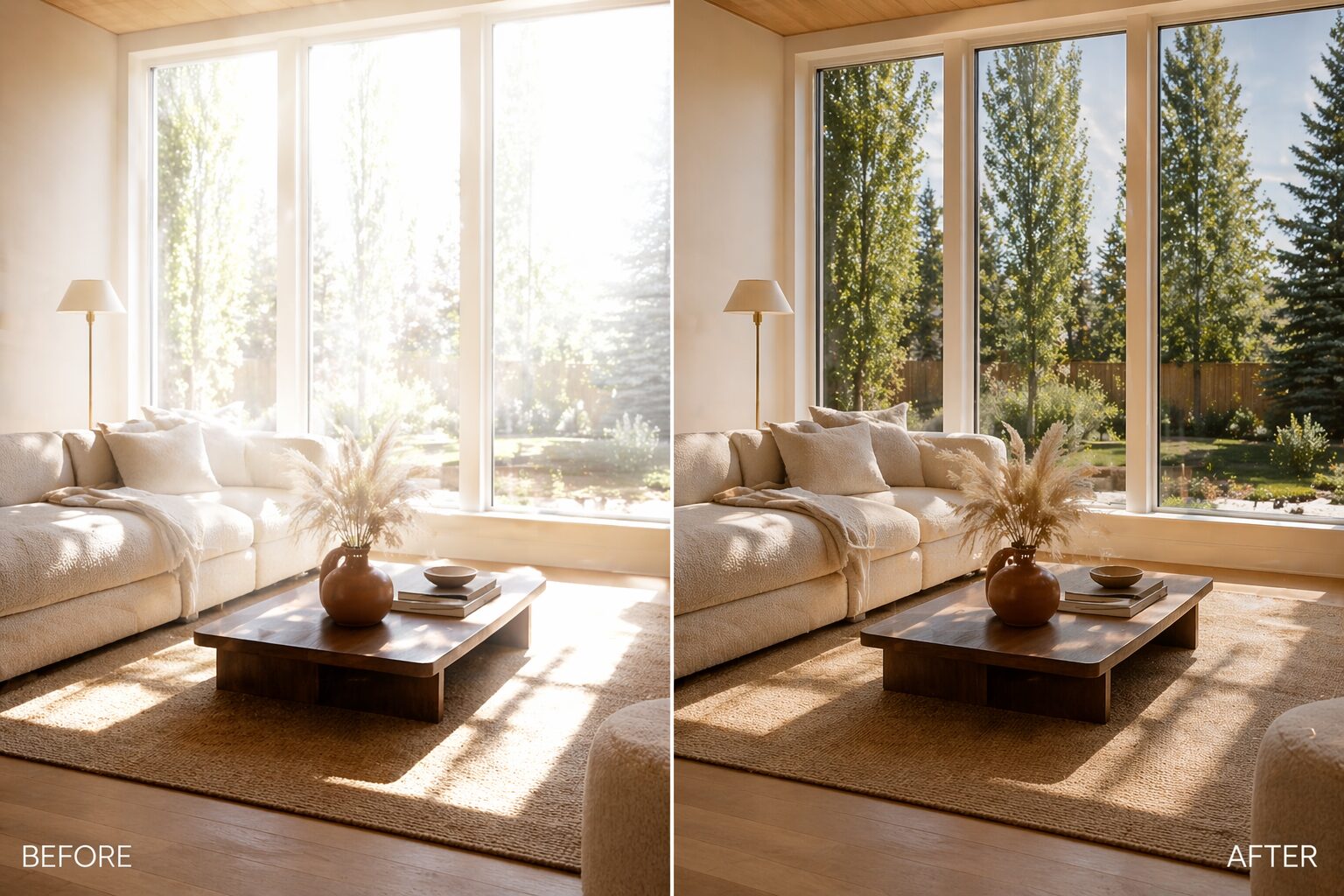 Before-and-after simulation showing solar heat & glare control with this window film. Illustrative rendering, not a real job photo.