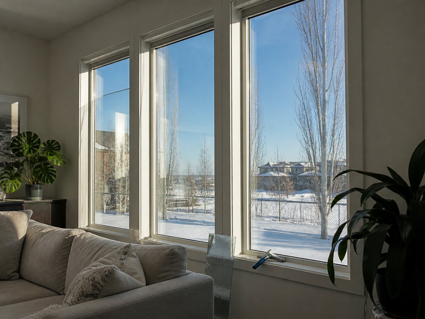 Bright room with solar window film reducing glare