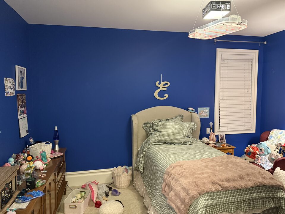Royal-blue painted bed wall in a kids bedroom before the sheep-print wallpaper accent wall was installed, Springbank, Rocky View County