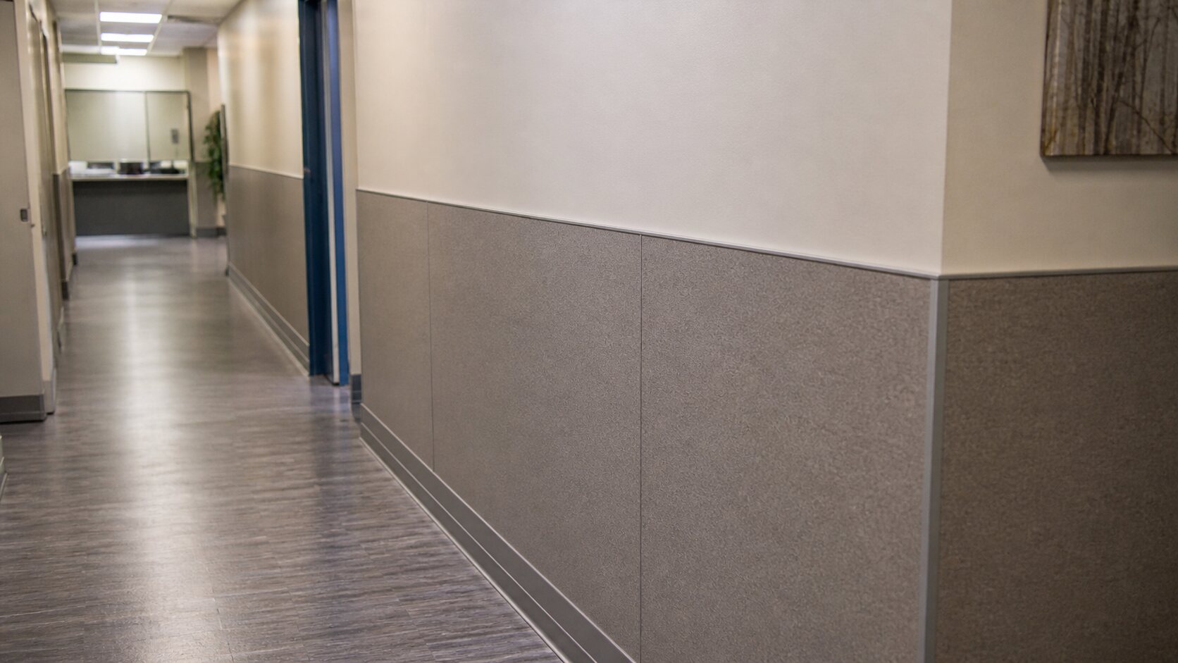 Wall protection finish installed in a commercial corridor