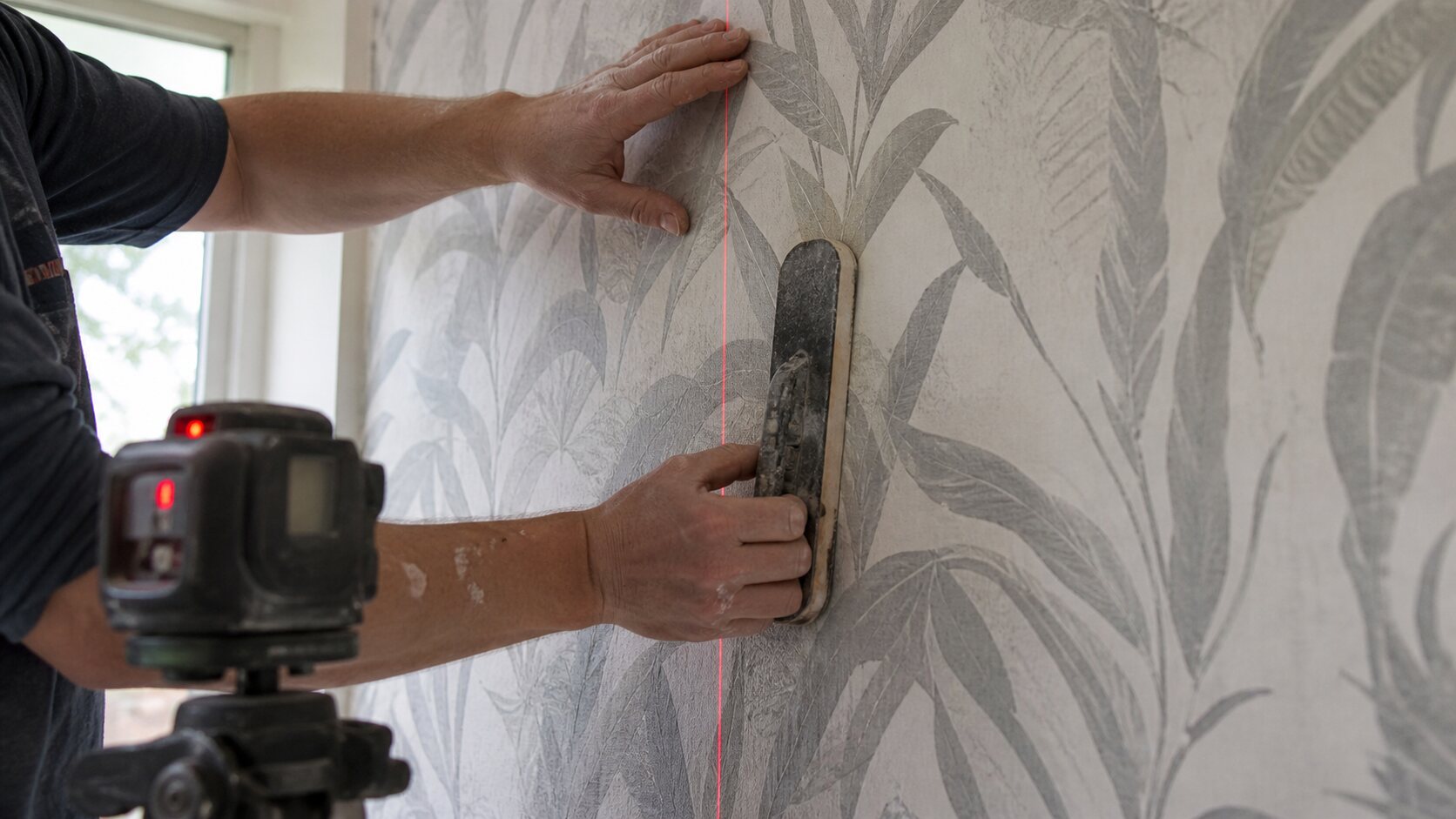 Installer using a laser level for precise wall finish layout