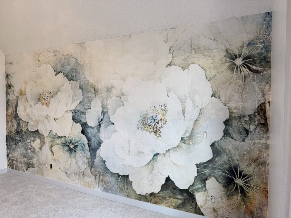 Close view of seam-free peony mural wallpaper with outlets cut in cleanly, Winston Heights NE Calgary