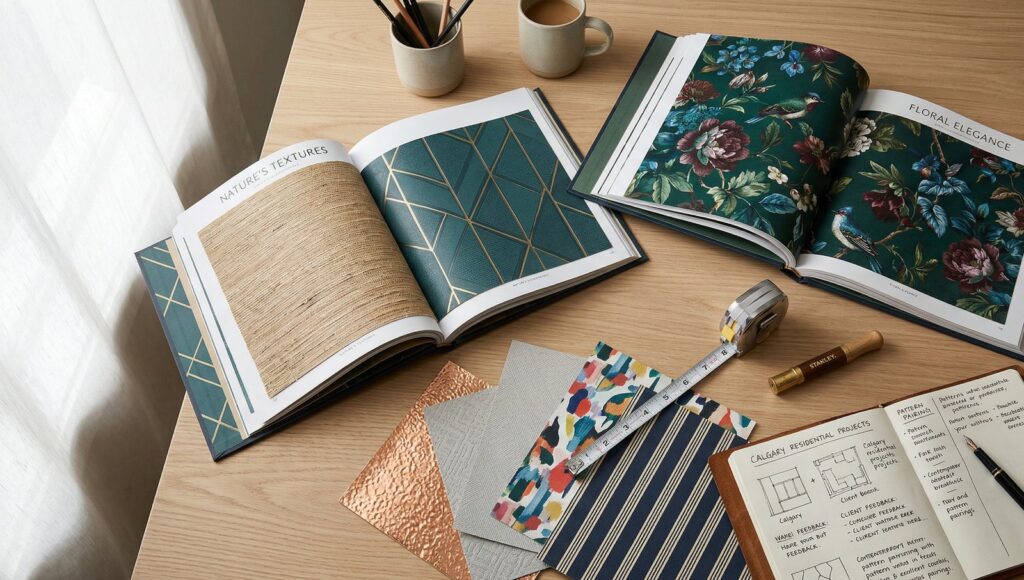 Wallpaper sample display showing coordinated pattern and colour options