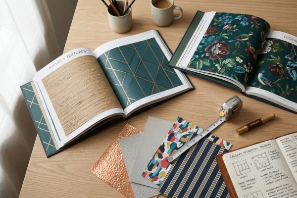 Wallpaper sample display showing coordinated pattern and colour options