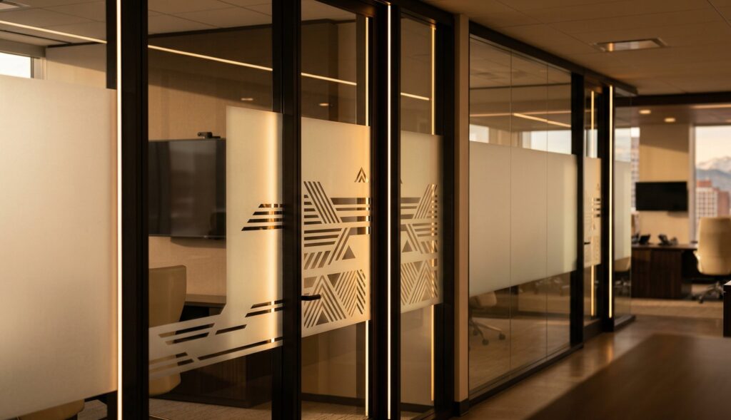 Frosted decorative window film on a Calgary office glass partition