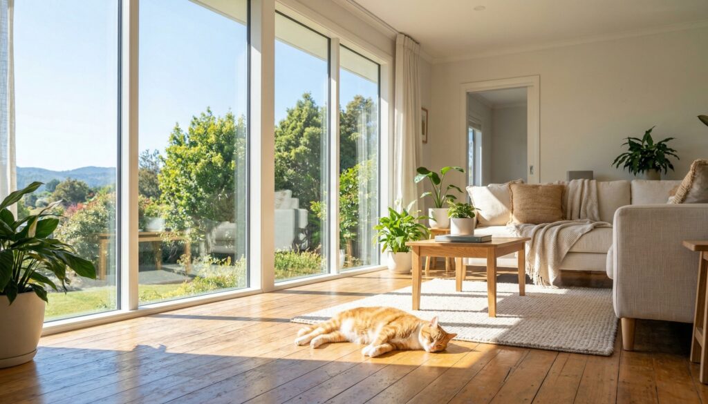 Sunny Calgary living room with solar window film cutting afternoon heat and glare
