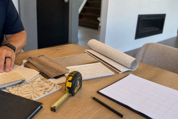 Window film and wall finish samples reviewed for a Calgary home project